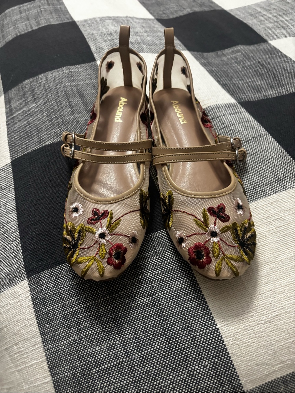 Abound Beige Floral Embroidered Mary Jane Flats